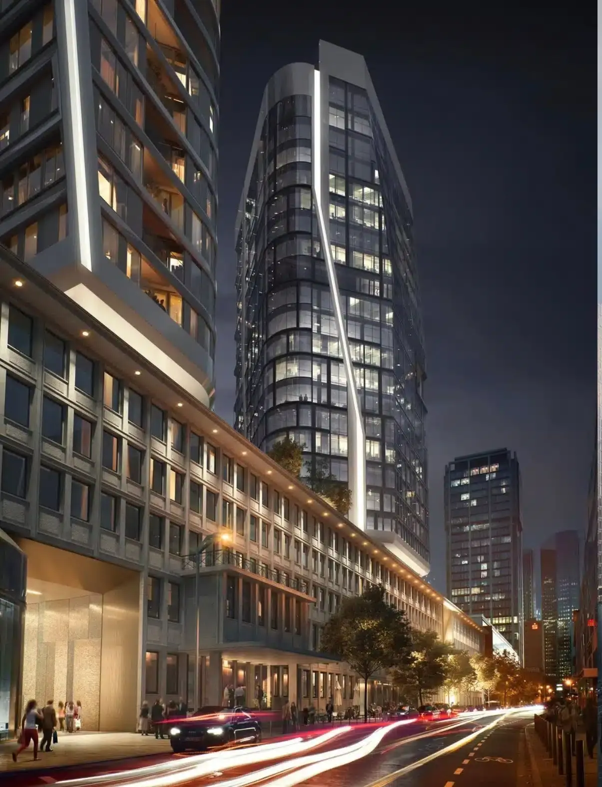 Der Aqua Tower im FOUR Frankfurt bei Nacht