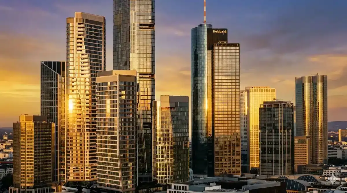 Frankfurter Skyline im Abendlicht mit dem FOUR und dem Main Tower